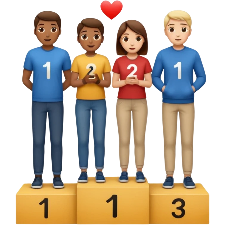 show people on podium in first, second and third place. The podium should be labeled 2, 1, 3. The middle position should only have the number 1.  the people should be dressed causally in regular relaxed clothes

 emoji