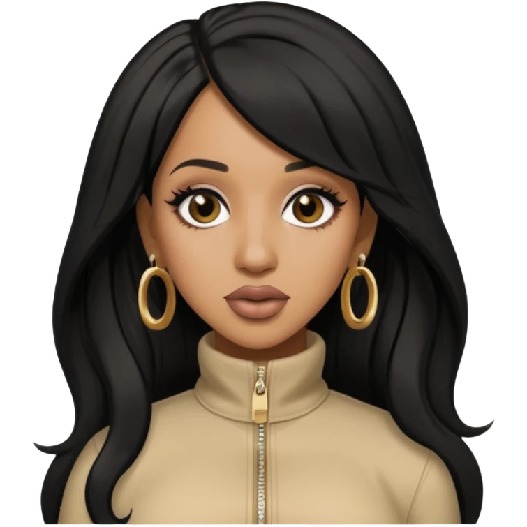 Cardi B with long jet black hair, beige outfit emoji