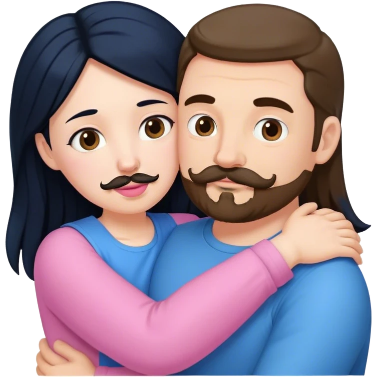 Tall white man with brown mustache goatee wearing blue hugging a chubby short pale woman with long black hair wearing pink emoji