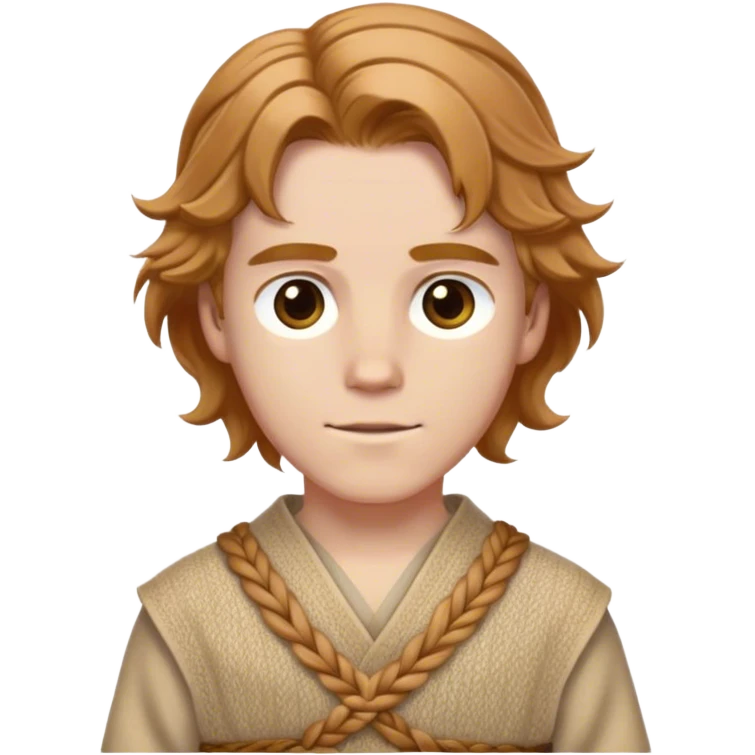 Medieval spring outfit worn by a DnD themed fantasy male character. Wheat-colored wool tunic with subtle herringbone weave pattern, cinched with a braided fabric sash. Clothes only above the waist, full waist coverage. The character has no arms. Character is white-skinned with light chestnut hair, golden brown eyes, and medium-length wavy hair. emoji