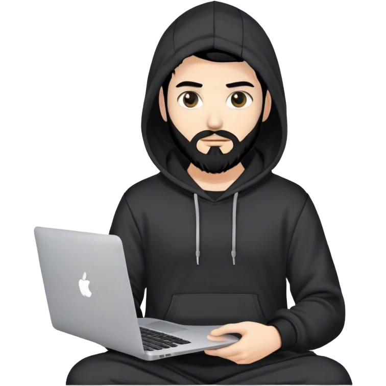 hackeur blanc cheveux noir barbe et capuche noir avec un macbook emoji