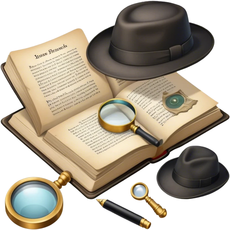 Icon for Detective Reading: an open book with text and a magnifying glass, a detective’s hat and a notebook with clues, surrounded by dark shadows and mysterious elements like footprints. Transparent background. emoji