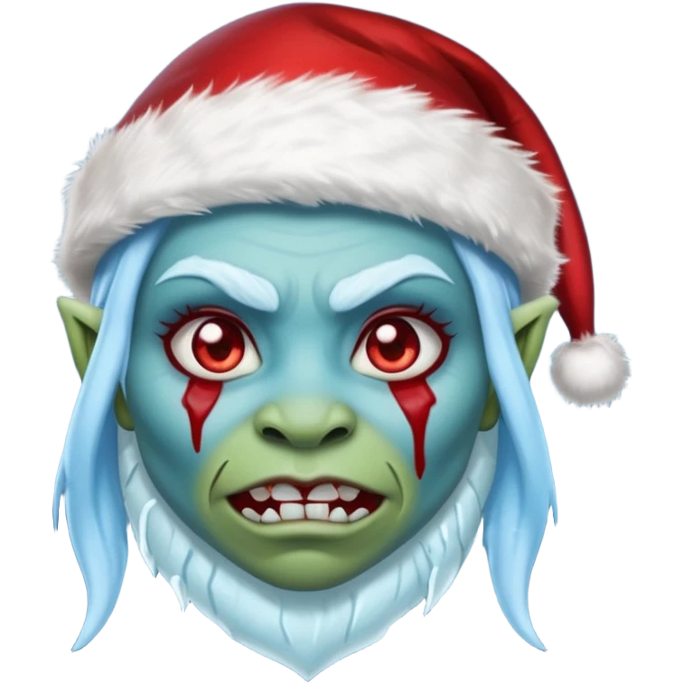 Fantasy orc portrait emoji, Santa Claus hat with icy texture, frozen scar glowing deep red against icy blue skin tones, primal winter survival theme, restrained detail, clean readable emoji style, female variant
 emoji