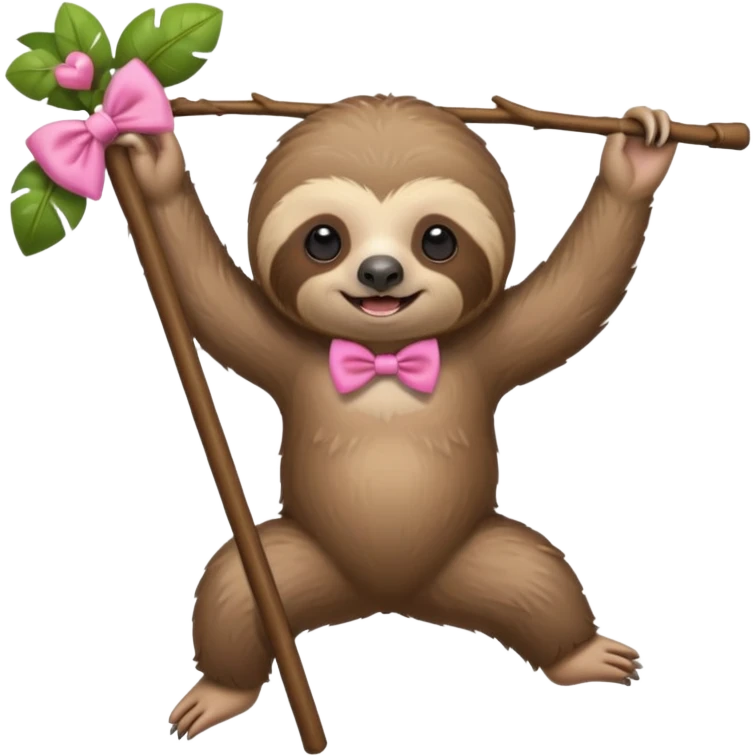 cute swinging Sloth on stick, pink bow tie emoji