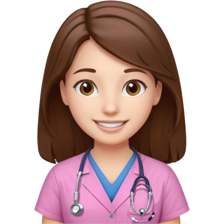 doctor, pink, she, hair brown, eyes brown, scrub baby pink, white skin, long hair, smile  emoji
