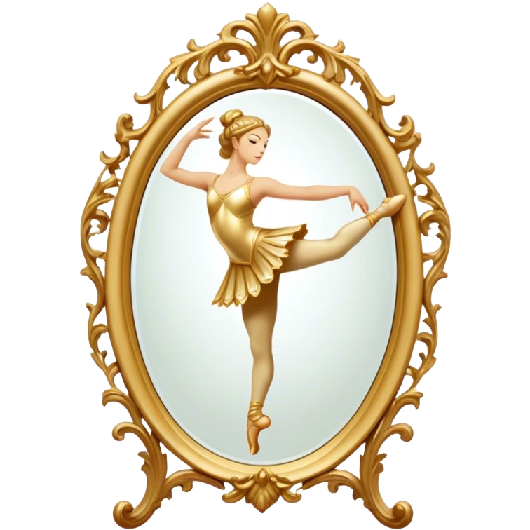Cinematic Realistic Mirror, a large, ornate mirror reflecting a dancer’s poised silhouette, soft golden light creating depth, slight smudges on the glass adding realism, glowing with a timeless and artistic presence. emoji