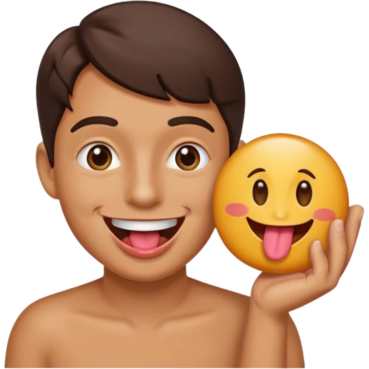 Happy face with tongue out with a 6 in one hand and 7 in the other emoji