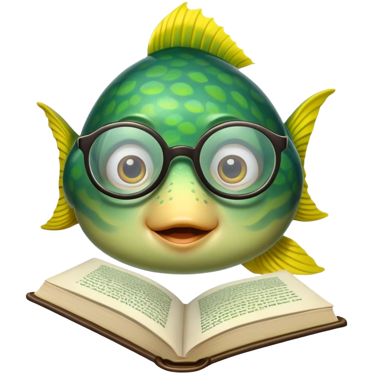 Зеленая рыба с желтыми полосками в очках и с книгой  emoji