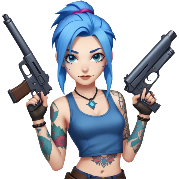 Jinx from League of Legends with blue hair and tattoos, holding guns emoji