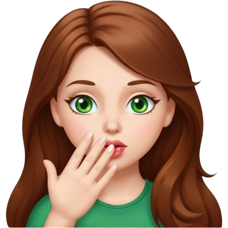 White girl with long brown hair and green eyes blowing a kiss emoji