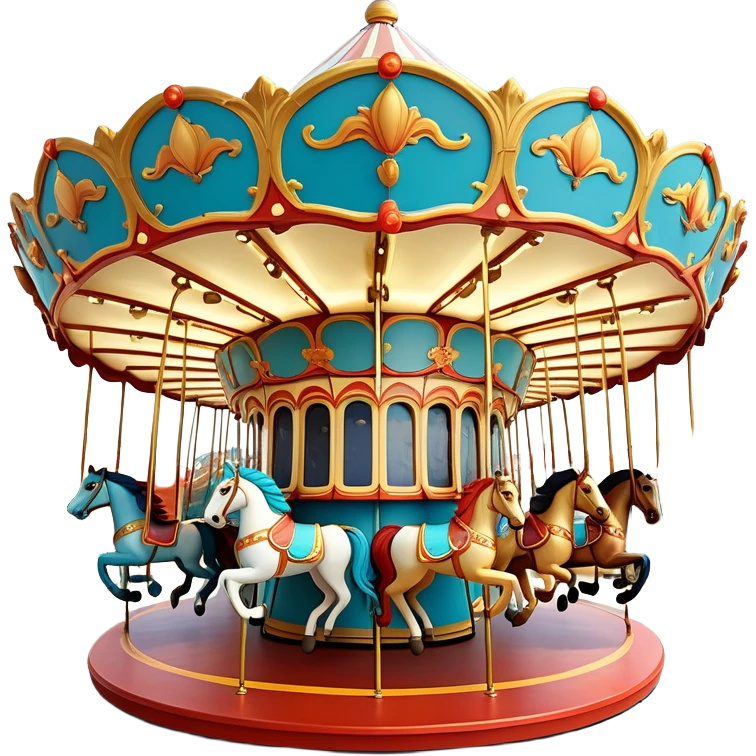 A top-down view of a whimsical carousel-inspired energy generator. The central canopy is circular and segmented like a circus tent roof, colored in alternating red and orange sections. Four identical golden-yellow cartoon horse heads with teal-blue manes are evenly spaced and rotated symmetrically around the center, like fan blades. The horses have friendly Pixar-style expressions and small colorful hats. The whole composition is enclosed in a thick, glossy golden ring, with soft lighting and smooth 3D shading in a vibrant Pixar-style aesthetic. Background is a clean soft gradient or plain color. emoji