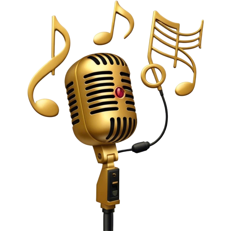 Create a sophisticated and smooth emoji representing jazz vocal performance. The design should feature a stylized microphone, with musical notes swirling around it to convey the fluid, improvisational nature of jazz. Add subtle elements like a vintage microphone stand or a hint of a singer’s silhouette in the background to reflect the live, intimate feel of jazz performance. Use deep, rich colors like gold, black, and burgundy to evoke the classic, smooth vibes of jazz. The background should be transparent. emoji