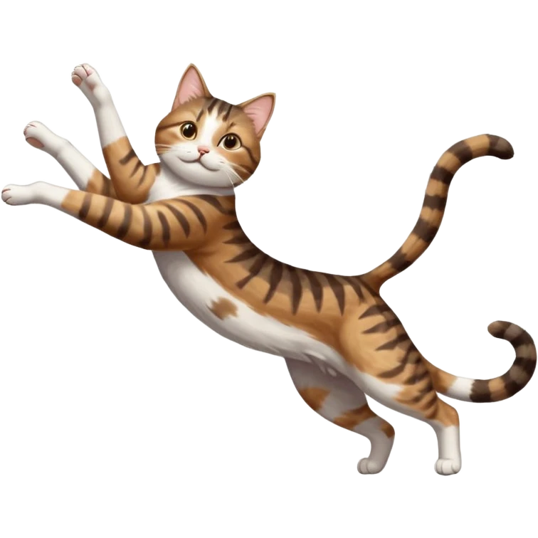 brown tabby and white cat with doing a big extremely long stretch reaching up into the air with arms and legs side by side together straight and overextended whilst lying on its side emoji