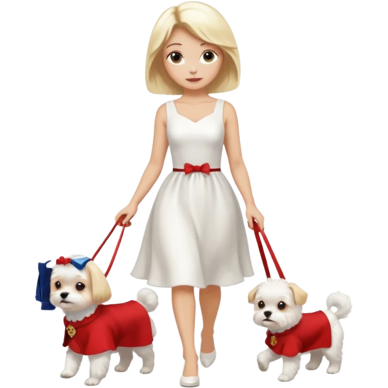blonde woman wearing white, walking a small maltese dog. emoji