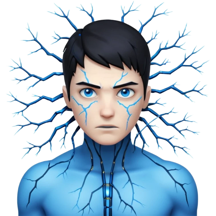 electric lab mutant portrait, head and shoulders only, glowing blue energy cracks on skin, wild hair, intense eyes, sci-fi lab accident vibe, 3D cartoon, mobile game icon style, clean background, no text, no watermark

 emoji