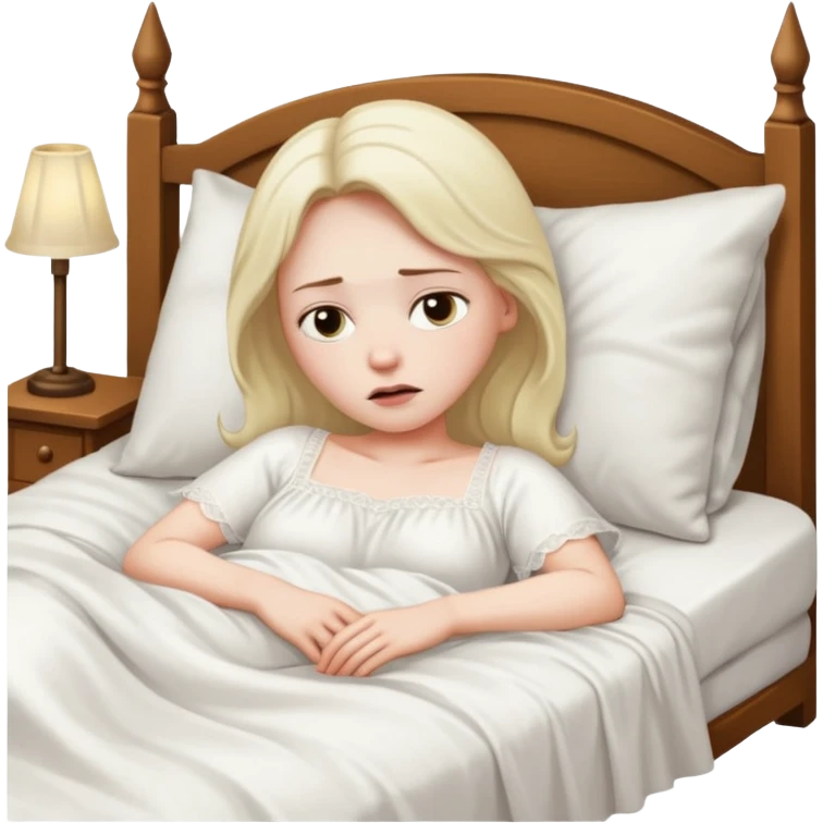 женщина лежит в кровати, она напряжена и нахмурена, за окном ночь emoji
