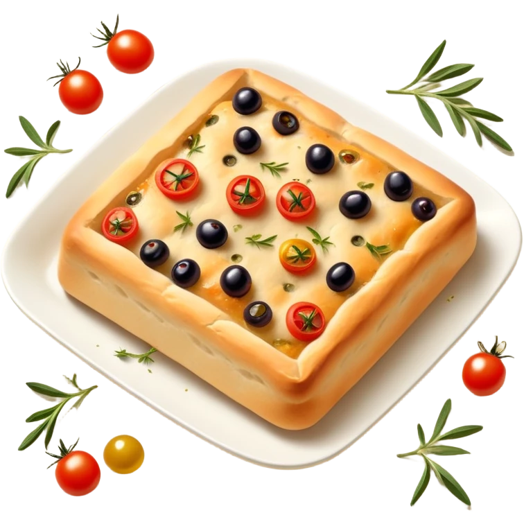 cinematic-realistic-isometric focaccia-bread-dish-emoji,-depicted-as-a-golden,-olive-oil-brushed-flatbread-sprinkled-with-herbs-rendered-with-lifelike-texture-and-soft,-appetizing-lighting showing olives on top and the cherry tomatoes emoji