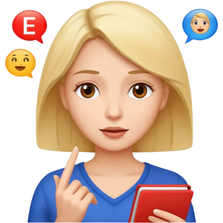 a woman talking and English letters around her emoji
