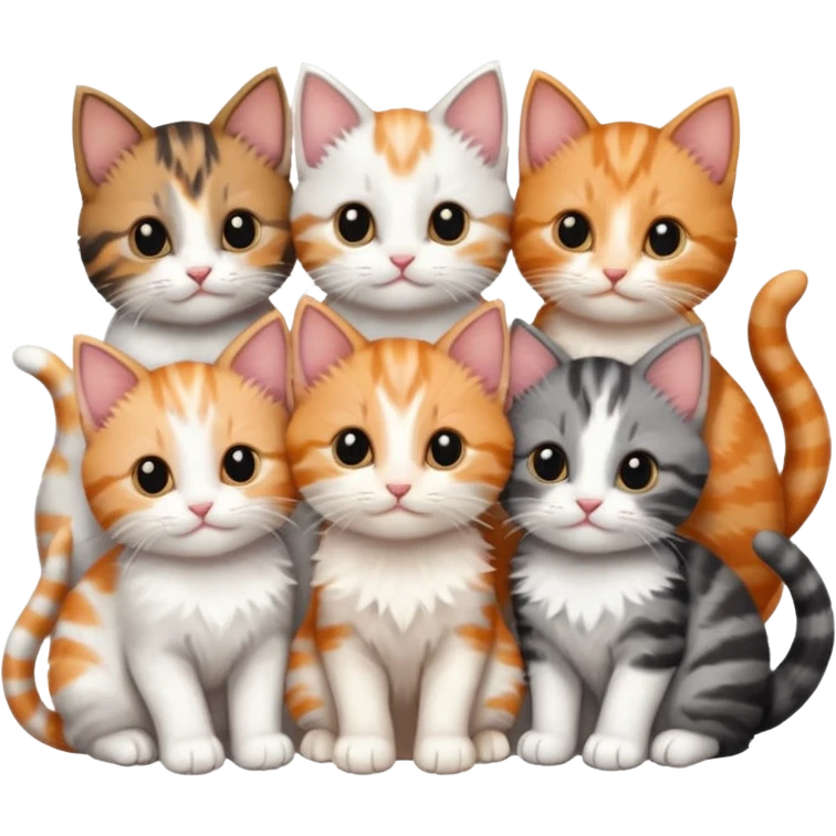 6 tiny kittens cuddling together all different colours, the first one is grey and white, the second is ginger and white and the third is brown tabby and white emoji