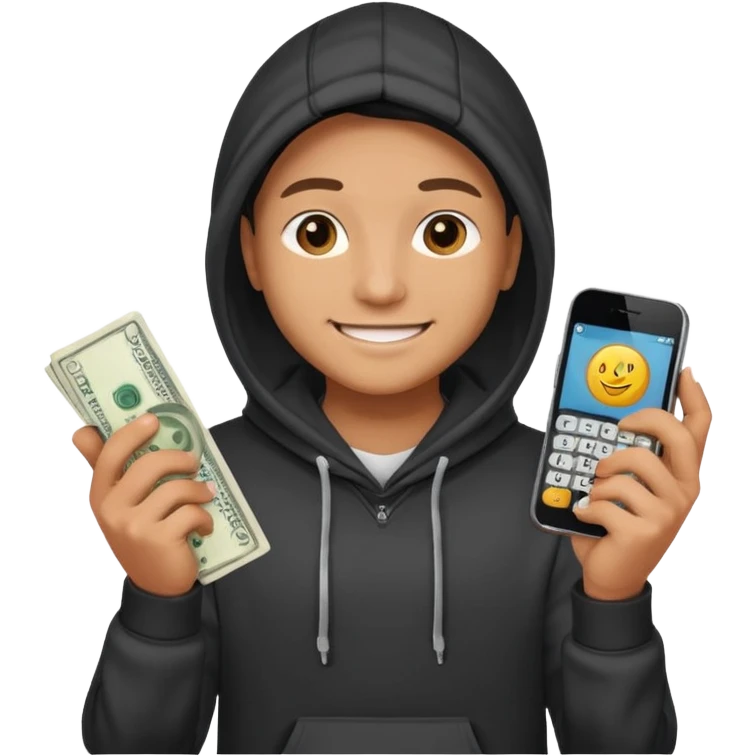 miling young entrepreneur in a hoodie, holding a stack of cash in one hand and a phone in the other, clean emoji style, soft lighting, simple background emoji