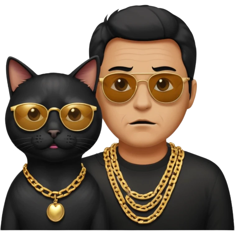 Freaky Larry is a cat with a gold chain and sunglasses standing behind a scared man with no facial hair. Make sure the cat is black emoji