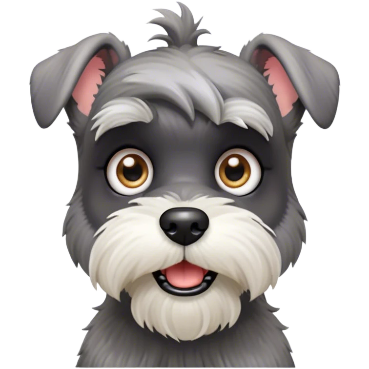 Cinematic Comical Miniature Schnauzer Portrait Emoji, Head tilted dramatically with a comically shocked expression and large, animated eyes, featuring a sharply defined salt-and-pepper fur with exaggerated, humorous eyebrows, simplified yet hilariously detailed, glowing with a bold, playful radiance, high shine, exuding a spirited and cheeky charm, styled with a soft glowing outline, capturing the essence of a Miniature Schnauzer that appears ready to dash into a burst of comic energy! emoji