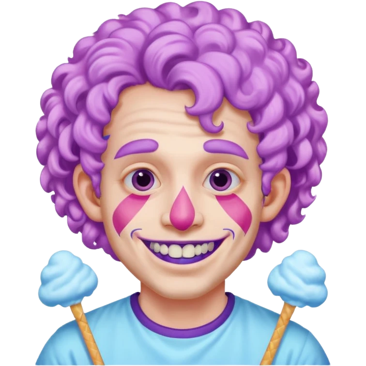 very cheerful colorful puffy violet curly haired man made out of cotton candy wearing teeth-braces and excessive face tattoos just face  emoji