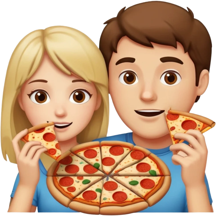 A guy eating a pizza with his girlfriend who is in the e bathroom emoji