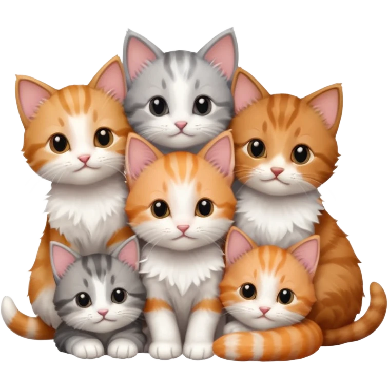 6 tiny kittens cuddling together all different colours, the first one is grey and white, the second is ginger and white and the third is brown tabby and white emoji