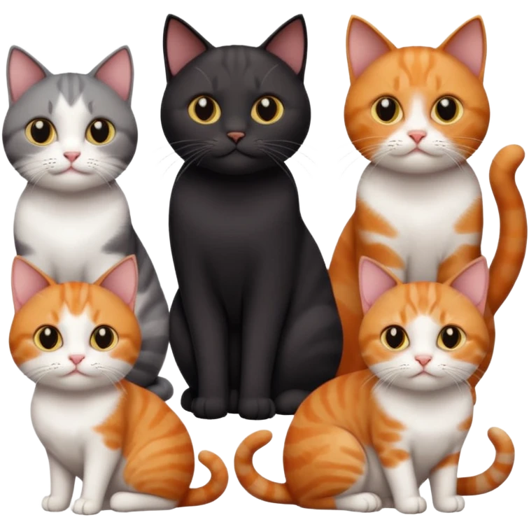 4 different coloured short haired cats including; a dark brown and white cat, and a dark grey and white  emoji