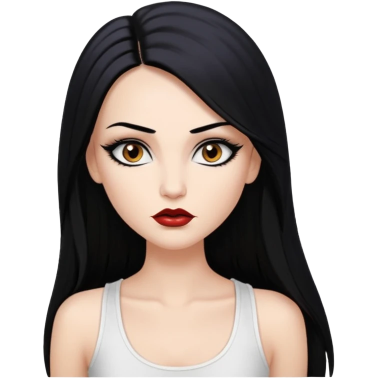 White woman with a white tank top long black hair glossy middle part straight long hair vamp look  brown eyes eyeliner winged with lashes top and bottom white border big lips black eyebrows emoji