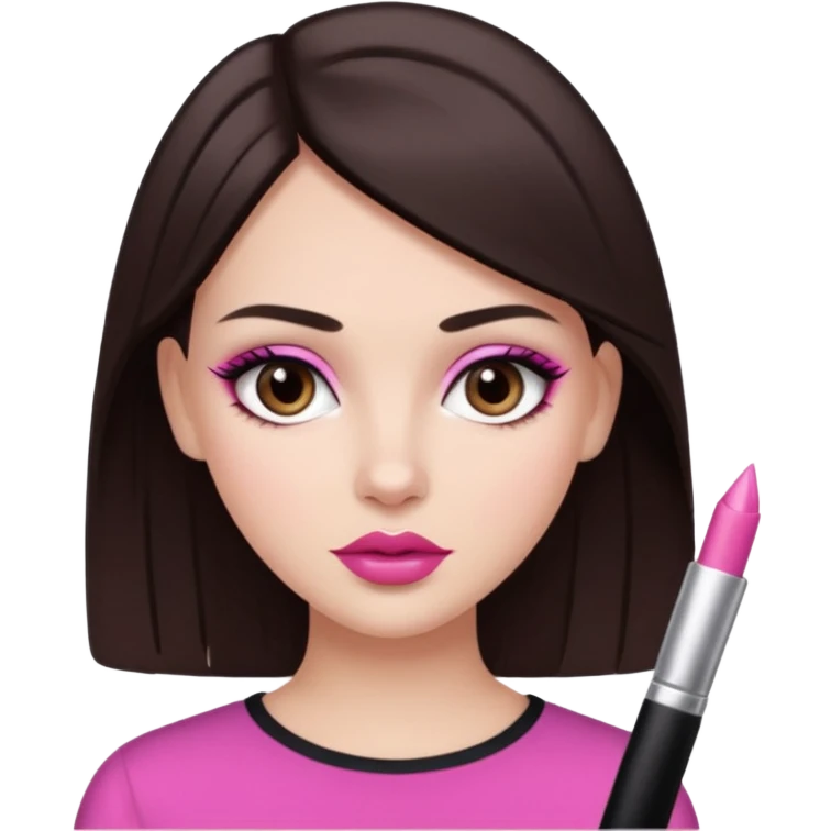 White girl with straight dark brown hair and dark brown eyes, pink lips, "clean girl" makeup  emoji