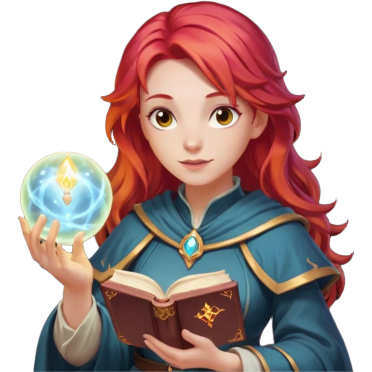 female dnd cleric with red hair holding a magic book in one hand and having a ball of light in the other emoji