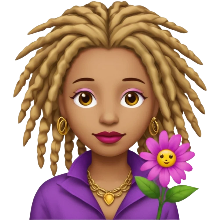 Gold dread locs pink emoji face purple flower in the hair red lipstick light brown face   emoji