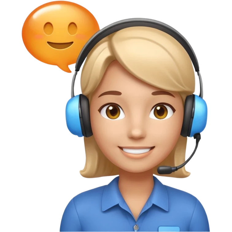 smiling support agent with headset, chat bubble floating, 3D soft look, rounded glossy features, subtle shadow, friendly and helpful, Apple emoji gradients and lighting emoji