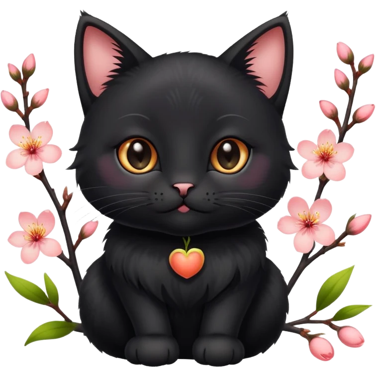 A cute  little  black cat and peach blossom emoji