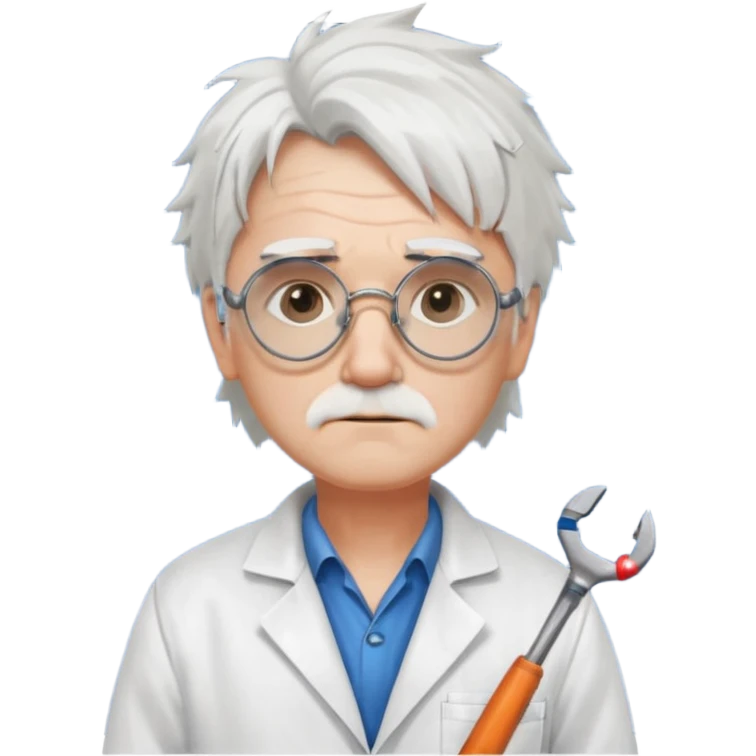 Portrait of an eccentric inventor with messy white hair, round goggles on forehead, sad face , wearing a slightly burnt lab coat, background of workshop with blueprints and tools emoji