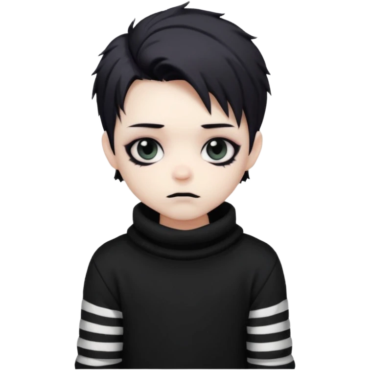 Goth boy, chibi style, oversized sweater, striped sleeves, cute emoji