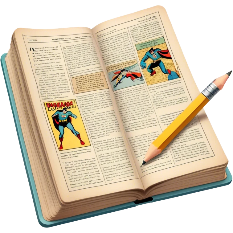 Create a detailed emoji representing the process of writing texts for comic books. The design should feature a large, open comic book with vintage comic strips visible on its pages. A pencil should be shown writing text on one of the comic panels, but without a hand. The pencil should appear as though it is actively creating the dialogue or narration. Use a classic color palette with muted tones for the comic book and brighter accents on the pencil to draw attention to the writing process. Do not include any emojis or smiley faces. Make the background transparent. emoji