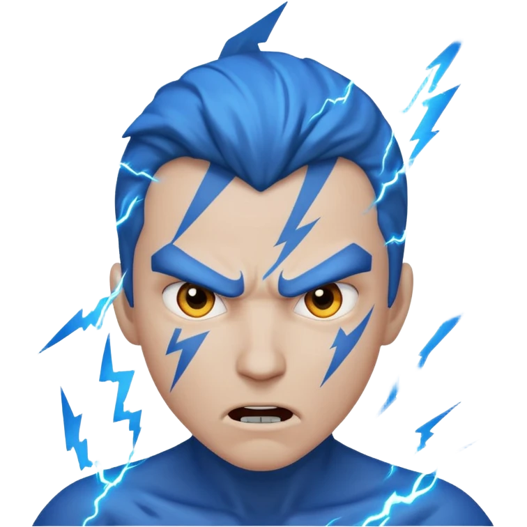 Rayos, centellas y estrellas en una cara color azul con expresiones de furia emoji