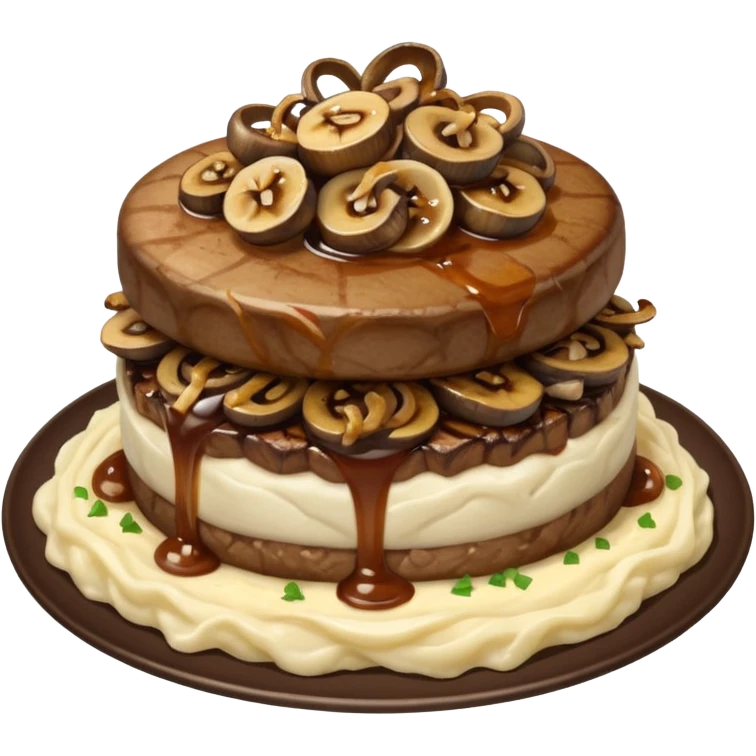 Filet mignon, mashed potatoes and gravy , in grilled chopped onions and grilled mushrooms, topped with crispy onions  emoji