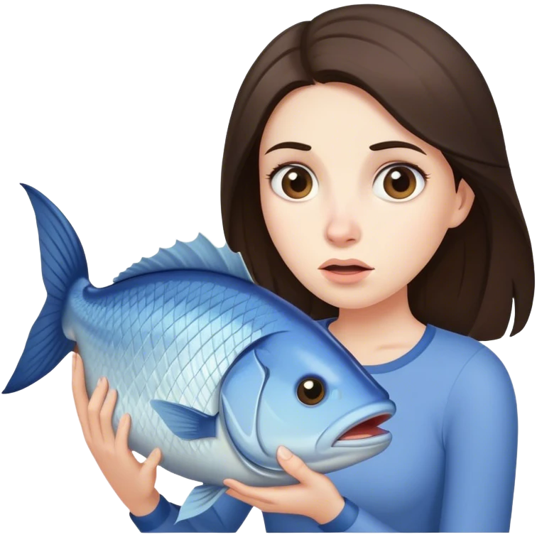 Confused Brunette Woman carries huge fish emoji