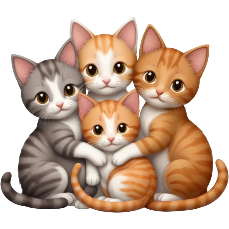 6 tiny kittens cuddling together all different colours, the first one is grey and white, the second is ginger and white and the third is brown tabby and white emoji