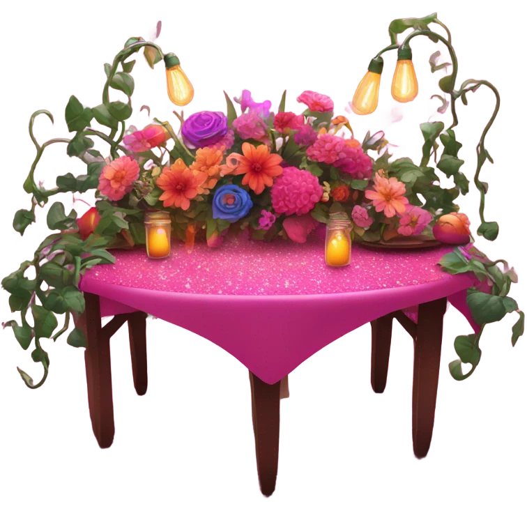 Hot pink table with glitter covered in lights and vines and flowers  emoji