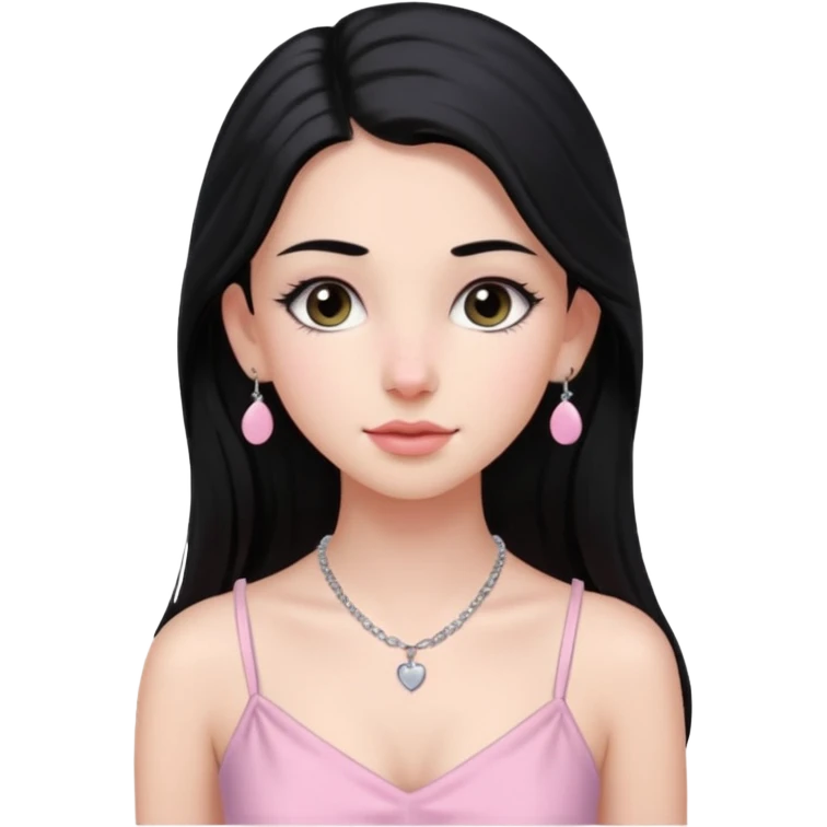Menina branca ,cabelos pretos longos, olhos pretos puxados para cima. Cílios longos, lábios grossos ,nariz pequeno.vestido rosa claro de alça. Colar e brinco prata pontinho pequeno. Jovem  de 16 anos  emoji