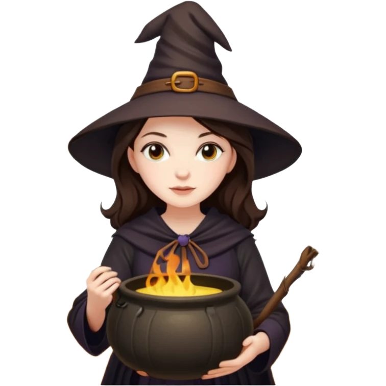 Pretty Brunette Witch in forest with cauldron during autumn  emoji