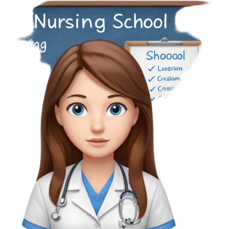 inside a classroom at university that says nursing school on the board with a pretty female nursing student with long brown hair, blue eyes emoji
