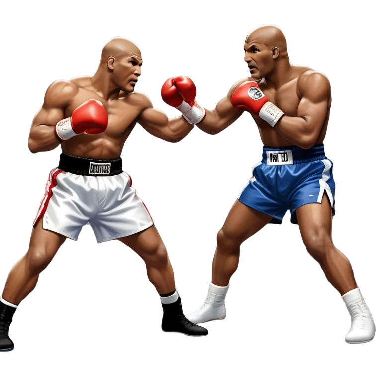 An intense boxing match between Mike Tyson and Evander Holyfield in the ring. Tyson is delivering a powerful uppercut, while Holyfield is poised for a counterattack. The background features a packed arena with bright lights and electrifying atmosphere. Transparent background emoji