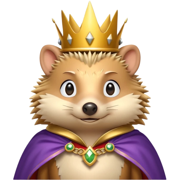 king hedgehog portrait, head and shoulders only, wearing a small golden crown, royal cape collar, proud confident expression, cute spiky fur details, fantasy royal vibe, 3D cartoon, mobile game icon style, clean background, no text, no watermark
 emoji