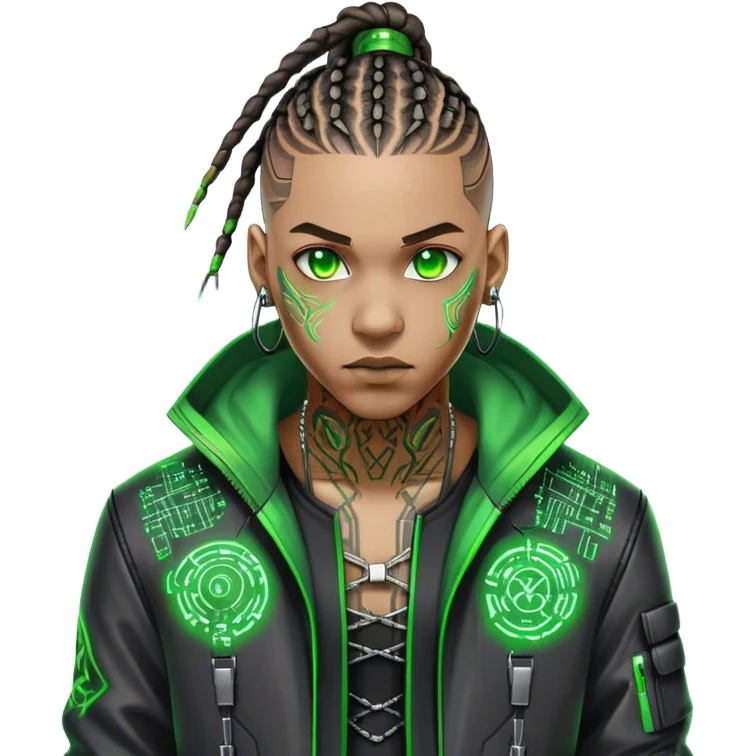 Light skinned African American male with green eyes as a cyberpunk hacker with cornrows hairstyle emoji